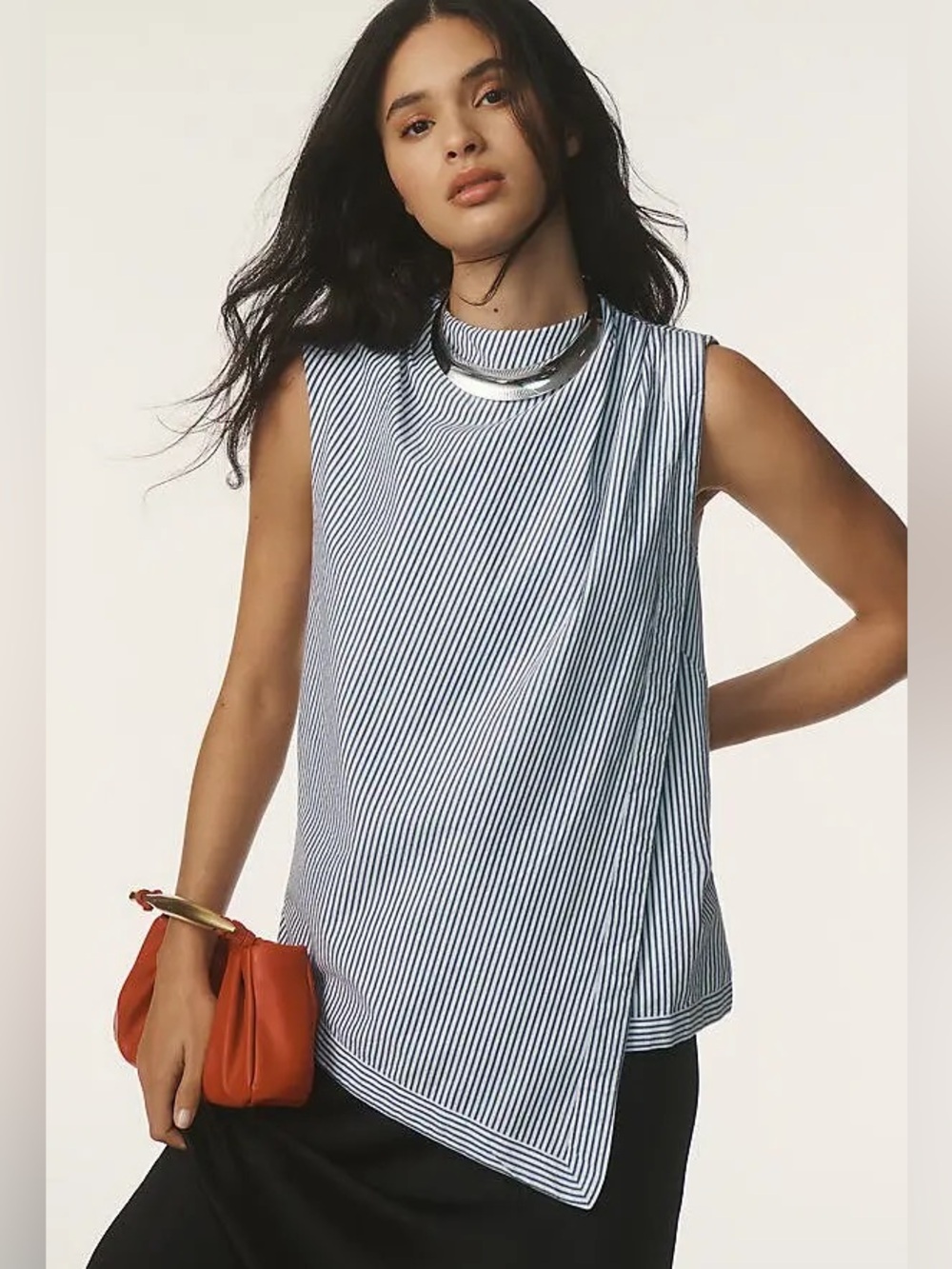 Maeve Navy and White Diagonal Stripe Sleeveless Blouse